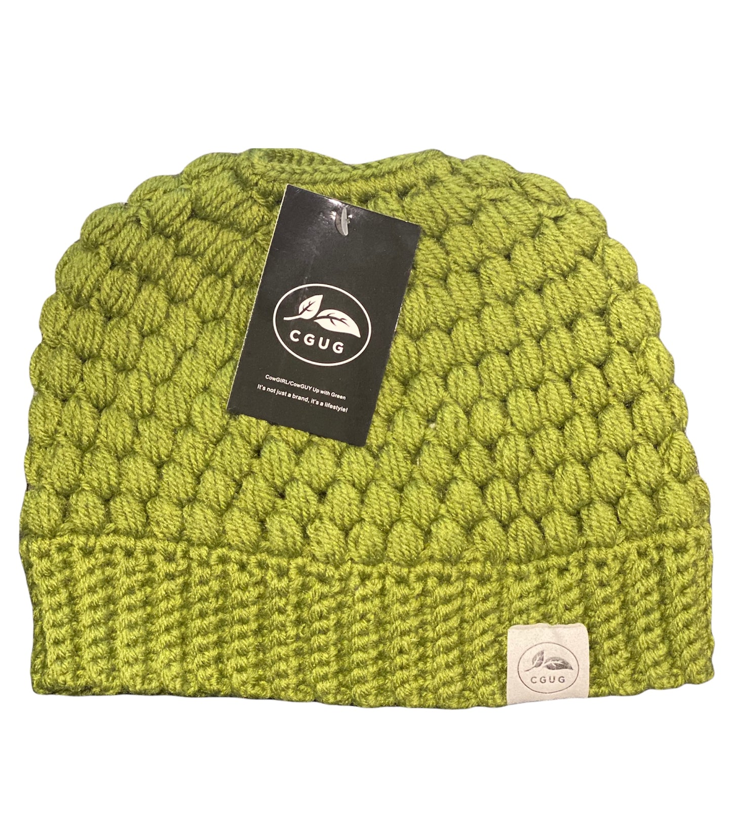 Olive Green Chunky Knit Ponytail Beanie
