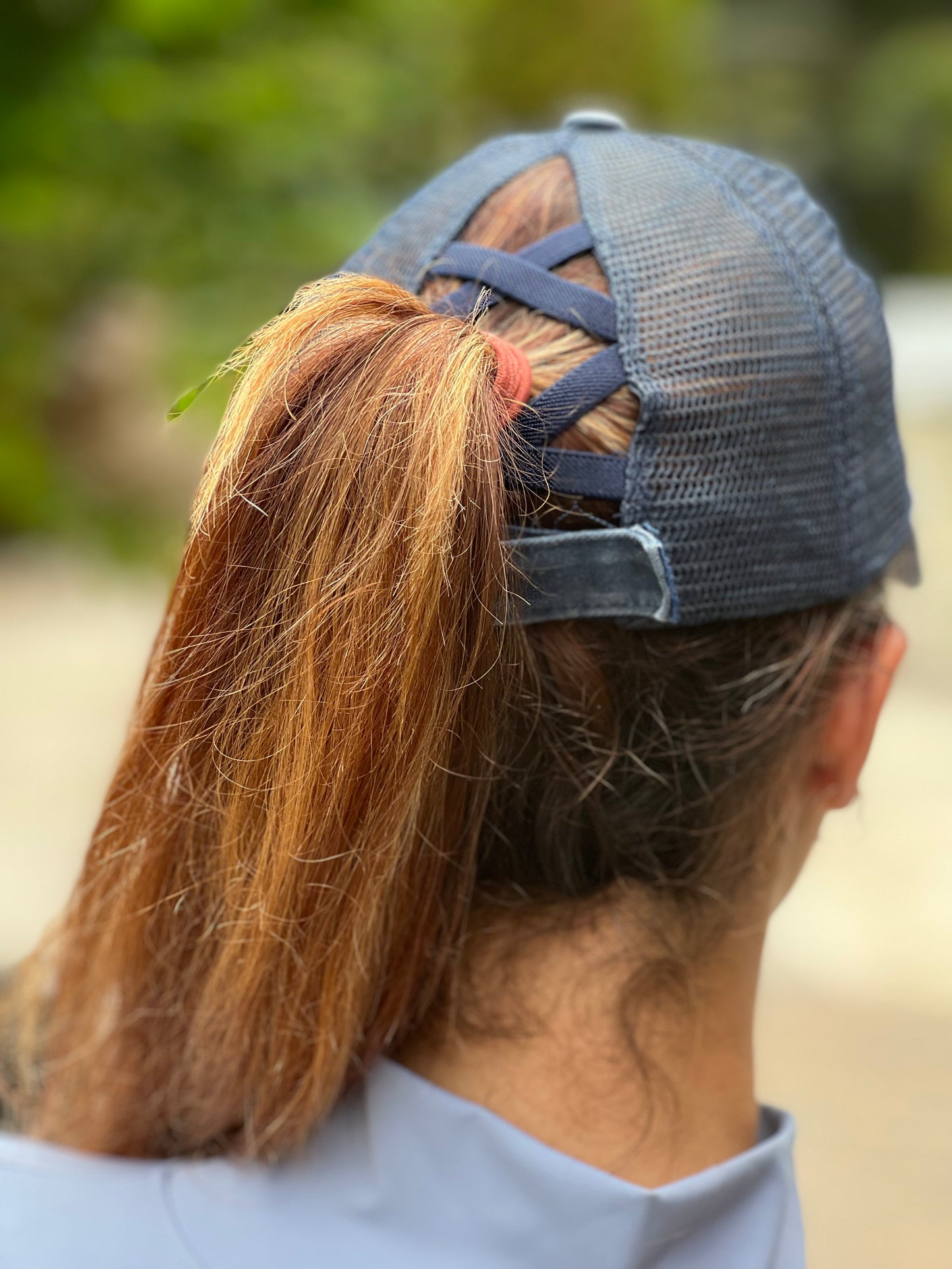 Denim Wash Crisscross Ponytail Ball Cap